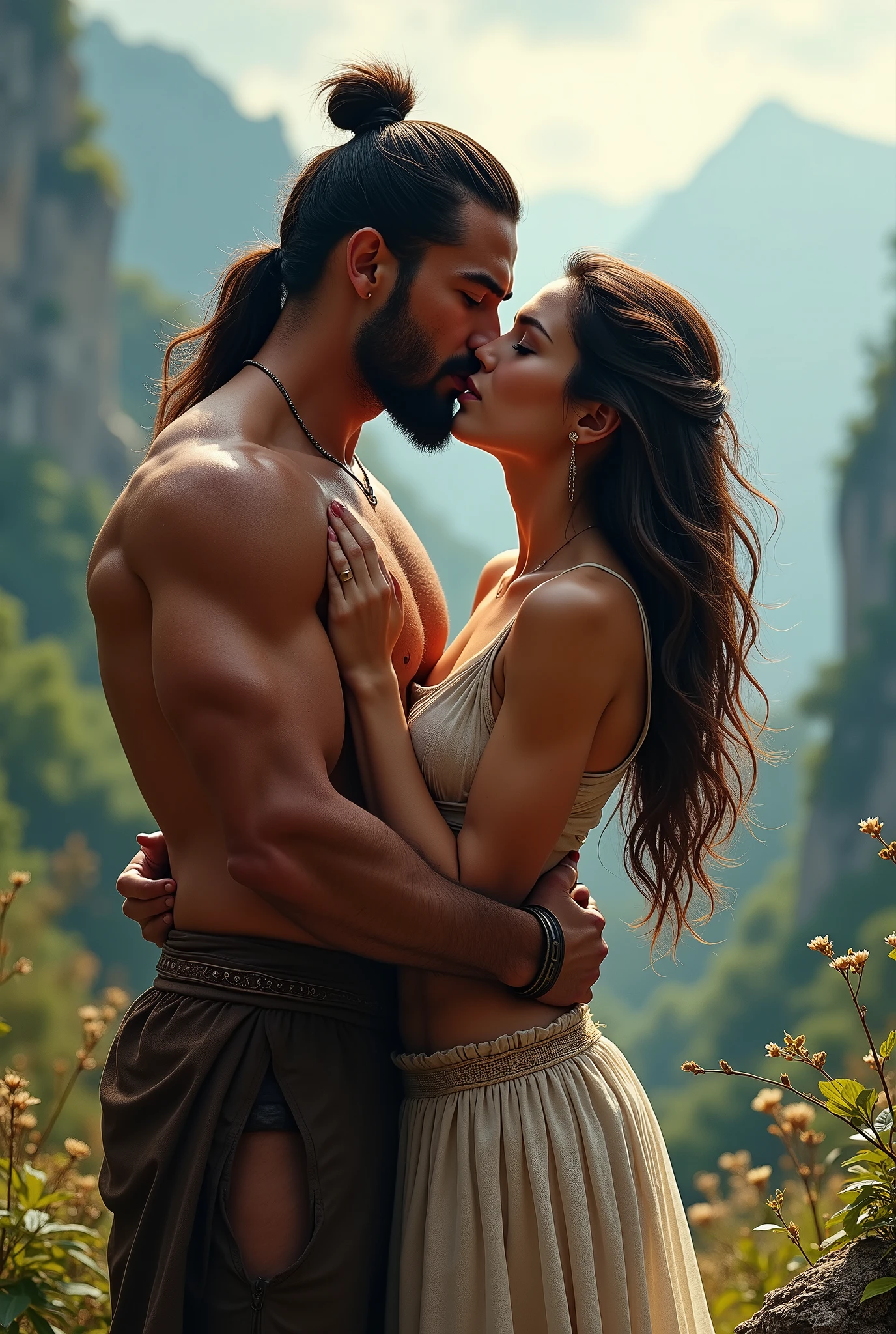 a strong man, Cao Cao, Jhon snow style, 30years. intensely kissing an 1 girl under the light of the full moon.
she is naked, he is in front of her pressing her against the wall