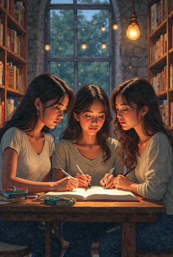 তিনটি মেয়ে লিখিকা একটি ফ্রেমে লাইব্রেরি তে আর লগো তে লিখা রক্ত দিয়ে খানজাদি ইসরাত মাইশা