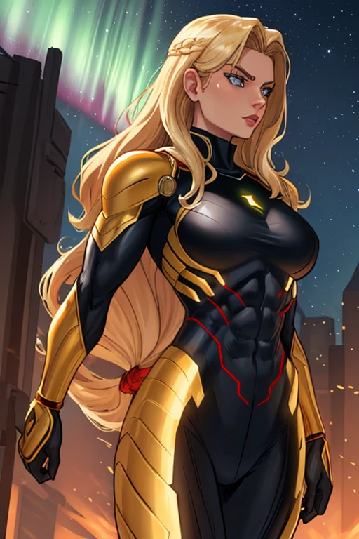 (best quality,4k,8k,highres,masterpiece:1.2),ultra-detailed,(realistic,photorealistic,photo-realistic:1.37),beautiful ((Power girl)),muscular,beautiful detailed eyes,beautiful detailed lips,longeyelashes,dark blond hair cascading down her shoulders,black leather pants,light beige sweater,full body,strong lighting,soft warm colors,blurred background,neutral expression,standing on (((top of a skyscraper))) in a sunlit city in ruins, (cameltoe), ((bound, restrained, kidnapped))