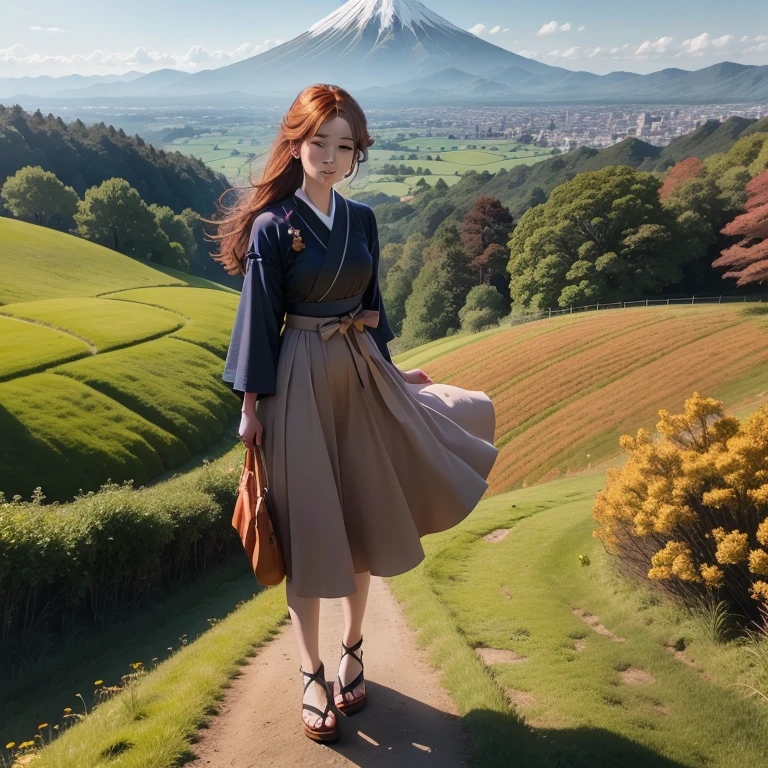 auburn hair，Japan  Woman,  dress, Stand on top of a meadow hill，The view is majestic.