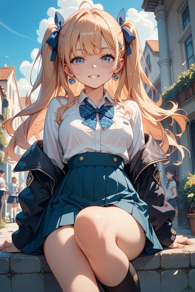 (masterpiece), (best quality, High resolution, Very detailed, illustration), 1 girl, alone, City, contemporary, Profile picture close-up, Blonde beige long hair, Gradient watercolor hair tail, phantom blue eyes, beautiful and delicate eyes, super detailed eyes, perfect eyes, perfect face, Super fine facial details, random expression, squat, 8K, Popular topics on ArtStation, Recommended on pixiv