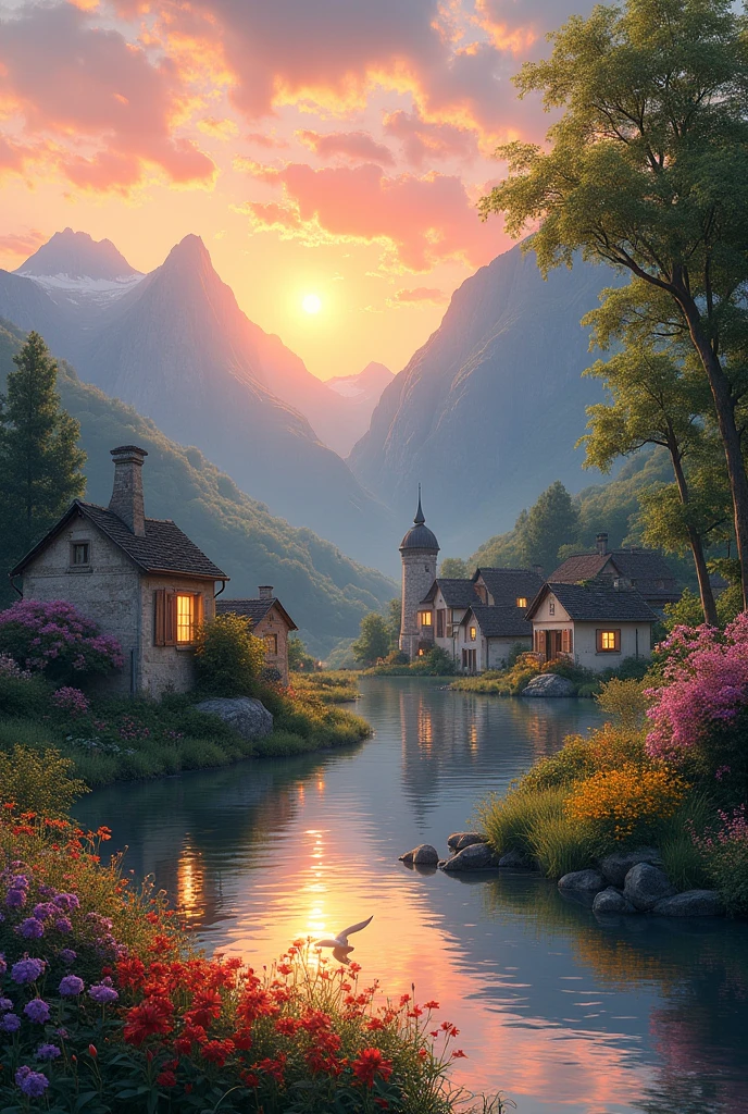 a small village by the river, mountains in the background, fleurs florales colorées,  detailed landscape , Beaux paysages naturels, atmospheric lighting, coucher de soleil brûlant, warm colors, pratique, photorealistic, Detailed foliage ,  complex buildings, Cobblestone street, Charming country house, bright swirling colors, lush vegetation,  Reflections of still water, Pittoresque, idyllique,  work of art, best quality, 8k, Extremely detailed, style anime.