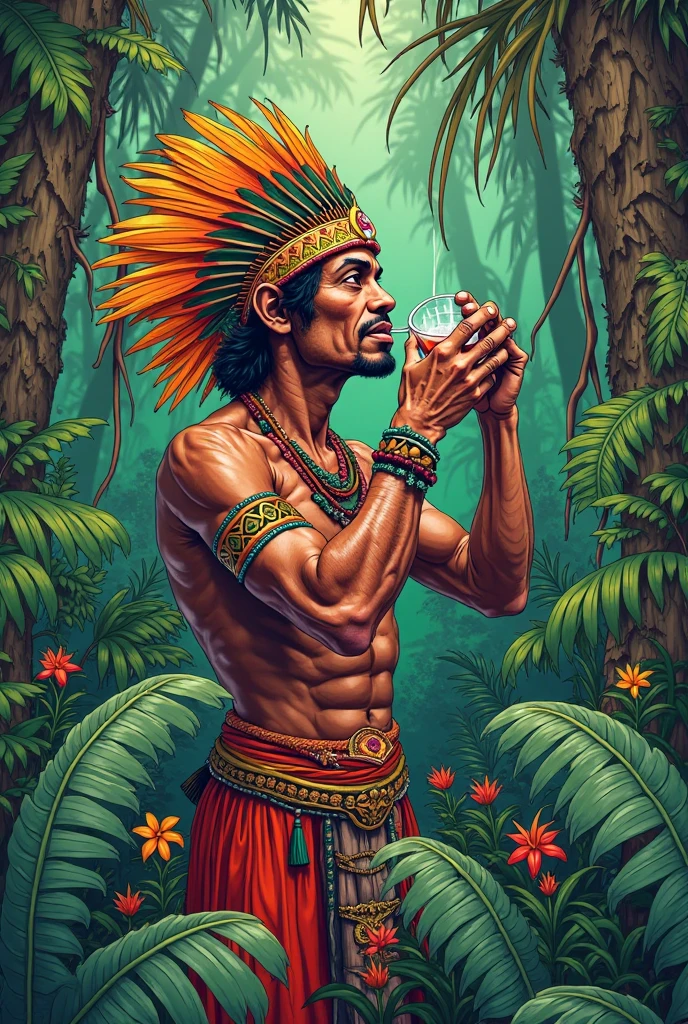 Logo, white background, silhouette of the favela, with the lights on, viper, Lair, cauldron, realistic, perfect, in front a Brazilian Caboclo, with a plume on his head in the colors green, red and white, with a pipe in his mouth, making smoke