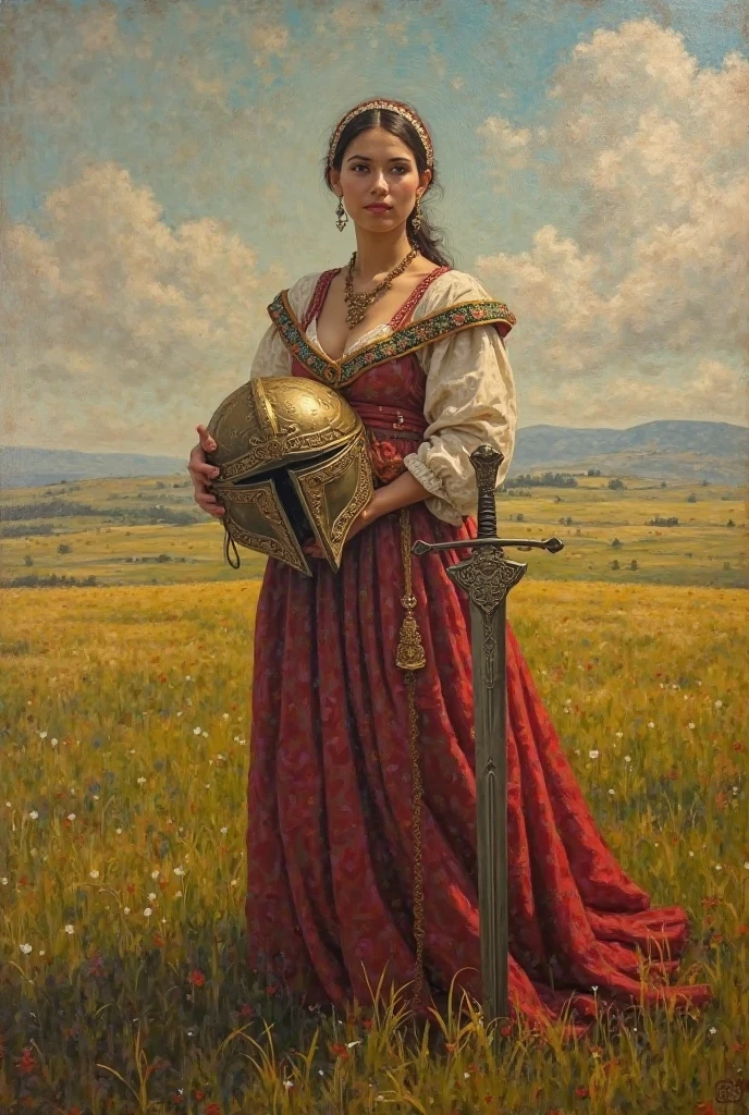 a vintage oil painting of a woman who is wearing traditional Albanian clothes and she is standing in the middle of a field she is holding Skernderbeu’s    helmet and his sword  