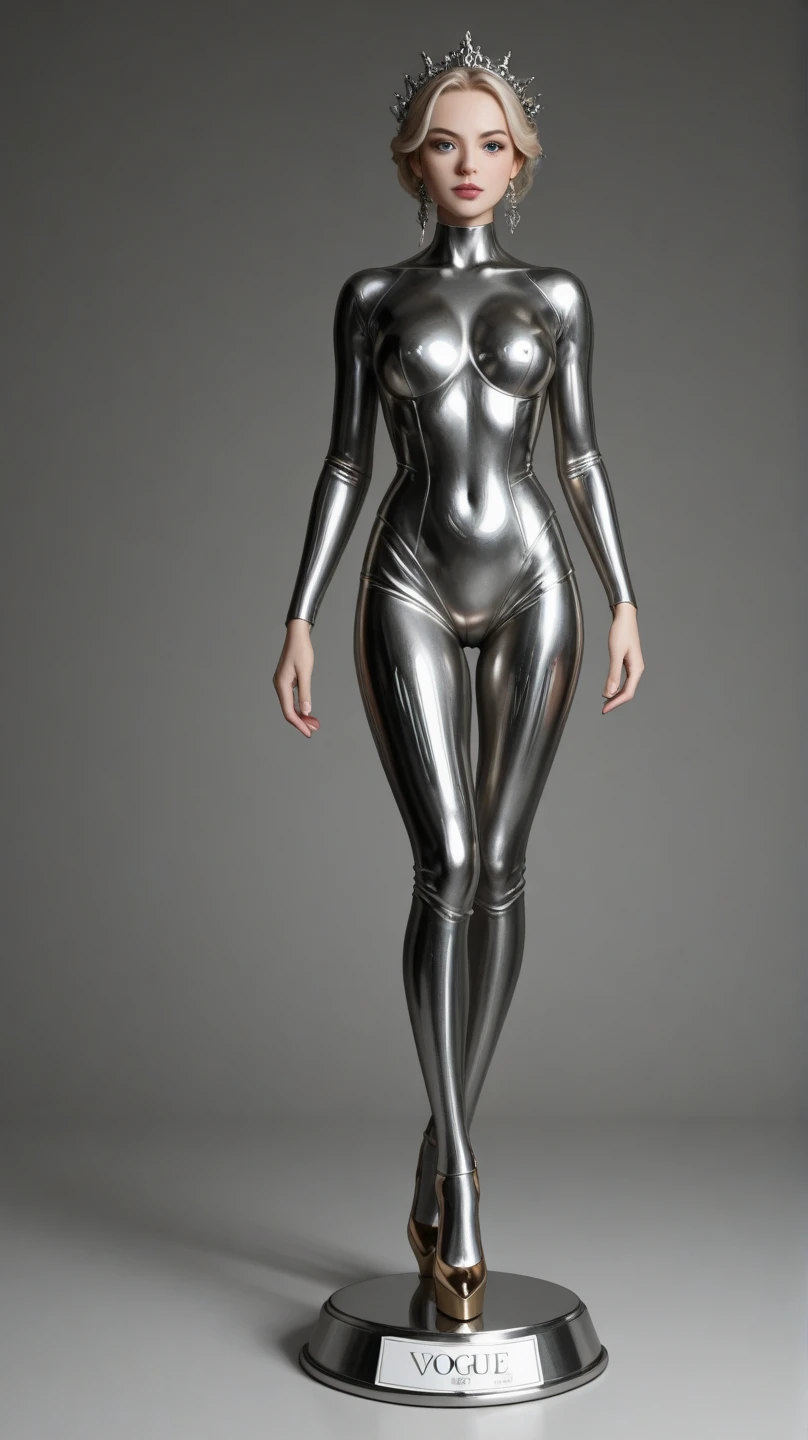 An illustrated movie poster of an android girl, 21 years-old, artificial skin, wearing a transparent leotard, tall, hourglass figure, wide hips, big butt, /2.8, cinematic, high quality, skin texture, looking at the camera hard shadows, graphite shading, stencil marks, airbrushed acrylic paint, masterpiece