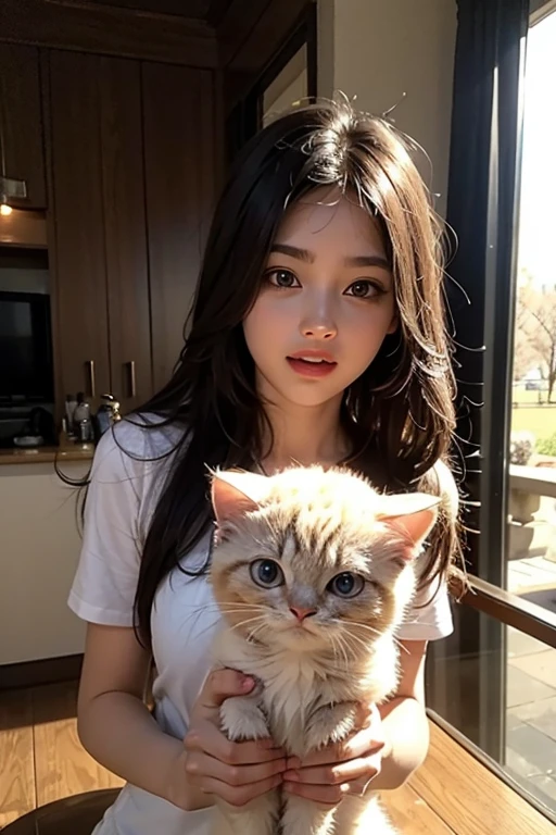 1 beautiful girl, holding a baby cat, background of the restroom, 8K, HD, UHD, intricate details, nice facial features