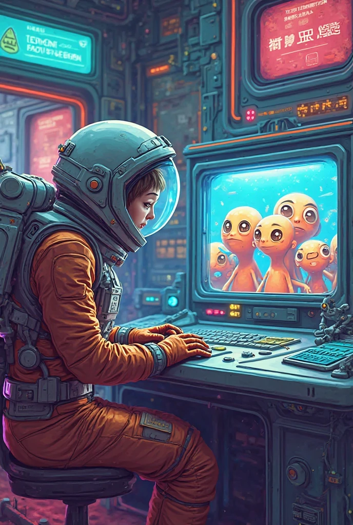 Astronaut watching aliens on screen cartoon image