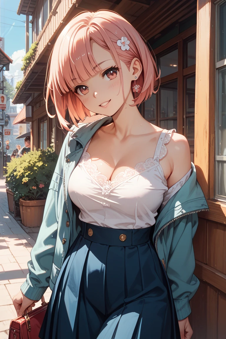 one woman, alone, middle aged, Beautiful woman、I could see the whole body、 ((short hair)), ((brown eyes, beautiful eyelashes, realistic eyes)), ((detailed face, blush:1.2)), ((smooth texture:0.75, realistic texture:0.65, realistic:1.1, Anime CG style)), glamorous body, big breasts, dynamic angle, perfect body, ((purple transparent prowse, red mini skirt))、(Hotel stairs)、It's windy、(Very embarrassing panic smile)、looked back、I can see her ass sticking out in front of me..、Angle looking up from the bottom of the stairs、 (((The wind turned up my skirt、My butt is now completely visible..、Pink floral panties)))、((table top, highest quality, High resolution, perfect pixel, 4K,))),