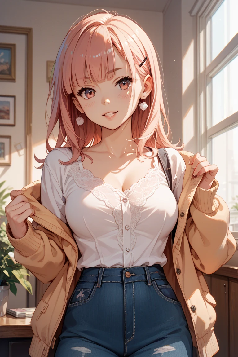 high resolution,smile,happy,light smile,woman,woman1人,adult,Clear,cute,
blunt bangs,Pink Hair,BREAK, Brown eyes,BREAK,wavy hair,long hair,BREAK, ((looking at viewer)),
Nurse uniform,Nurse cap,BREAK,Facing forward,BREAK,Pink background,
BREAK,