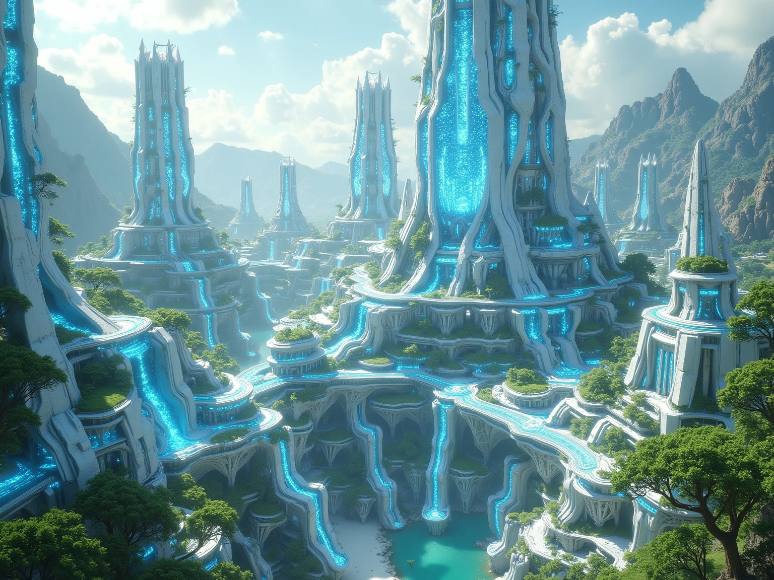 Massive futuristic city of white and glowing blue glass towers, delicately interwoven with floating gardens and nature terraces, ancient mountains rising behind, streams of water flowing through the platforms, green moss and trees embracing white technology, glowing blue energy flows from buildings like living veins, peaceful, idealistic harmony of nature and machine, wide panoramic shot, 4:3 ratio