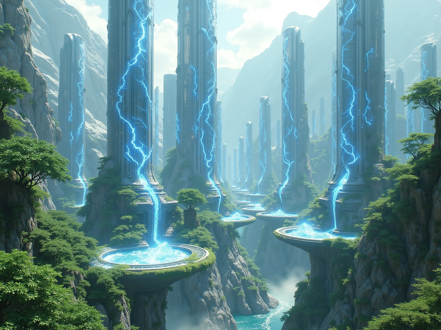 Massive futuristic city of white and glowing blue glass towers, delicately interwoven with floating gardens and nature terraces, ancient mountains rising behind, streams of water flowing through the platforms, green moss and trees embracing white technology, glowing blue energy flows from buildings like living veins, peaceful, idealistic harmony of nature and machine, wide panoramic shot, 4:3 ratio