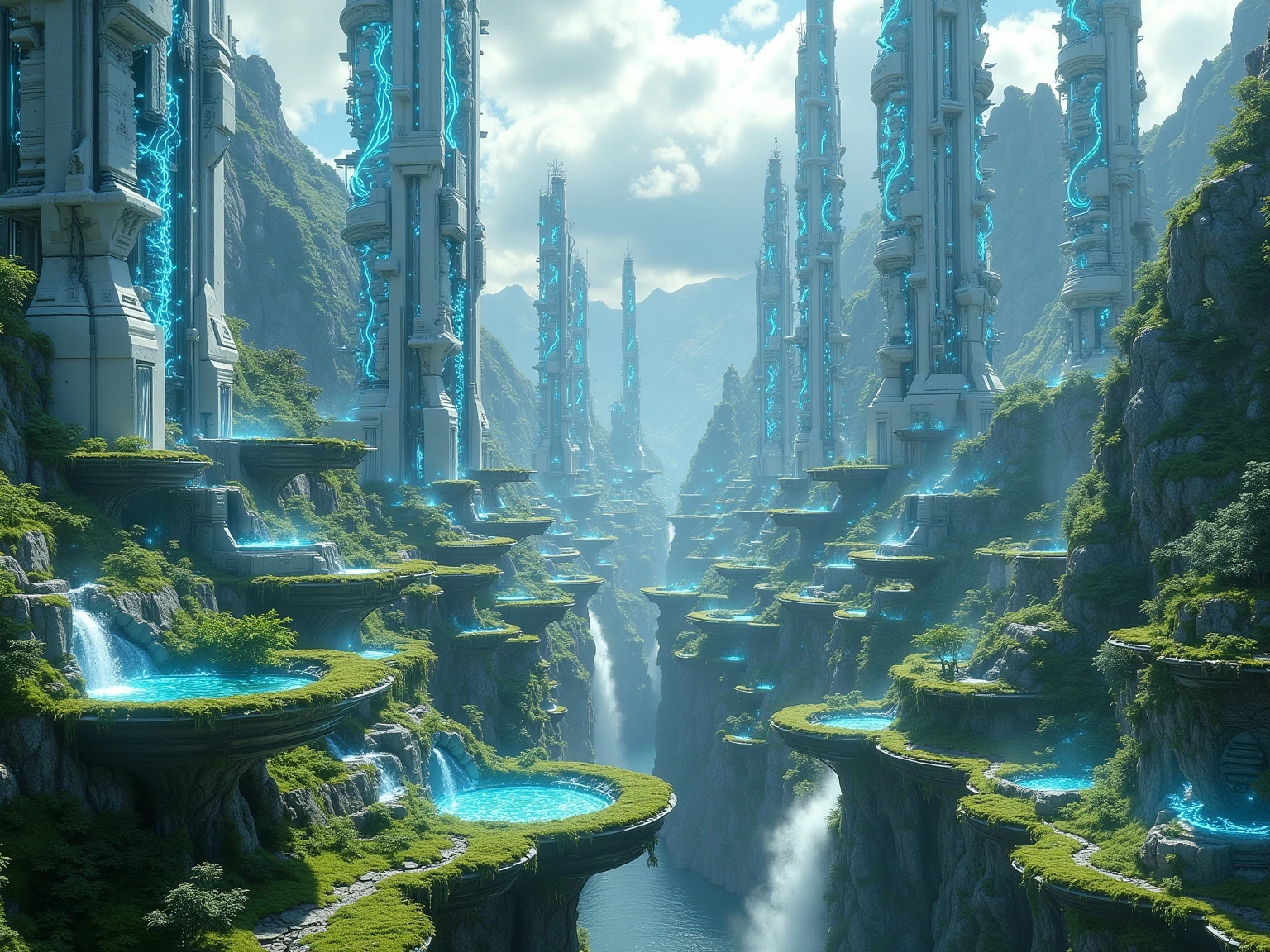 Massive futuristic city of white and glowing blue glass towers, delicately interwoven with floating gardens and nature terraces, ancient mountains rising behind, streams of water flowing through the platforms, green moss and trees embracing white technology, glowing blue energy flows from buildings like living veins, peaceful, idealistic harmony of nature and machine, wide panoramic shot, 4:3 ratio