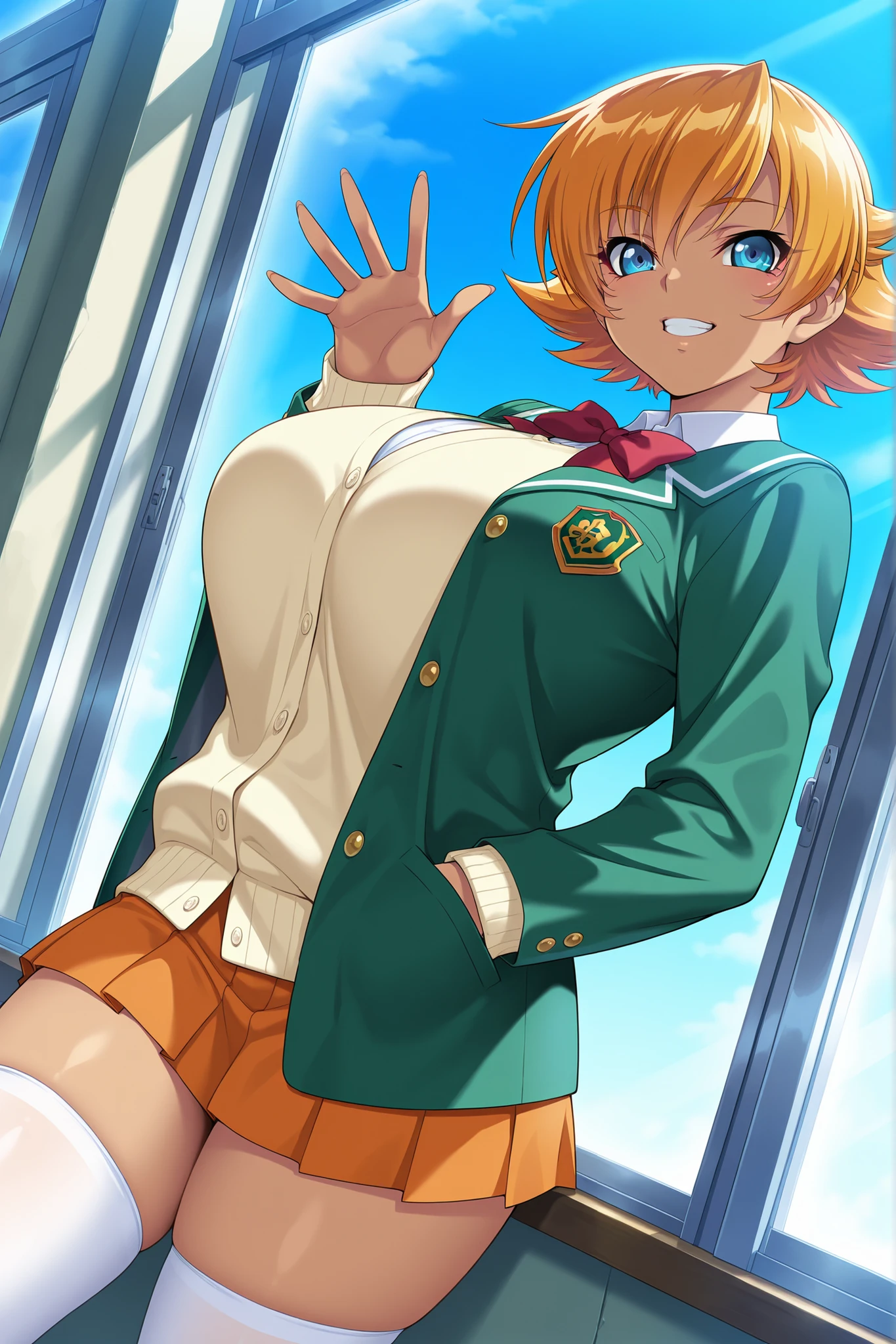 masterpiece,best quality, amazing quality, very aesthetic,anime screencap ,1girl,solo, Igawa Sakura,orange hair, short hair, flipped hair, blue eyes,curvy, huge breasts,school uniform, green jacket, pleated skirt, miniskirt, loafers, white thighhighs, open window, blue skies,leaning back, against window,classroom,school,standing,hand in pocket, cowboy shot, looking at viewer,grin,waving