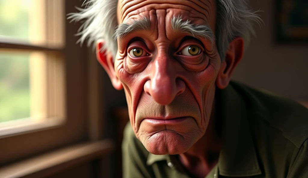 Close-up of the same  character with digitally aged facial lines, sitting quietly near a window, his eyes reflecting a glimmer of hope despite sadness.in Pixar style 