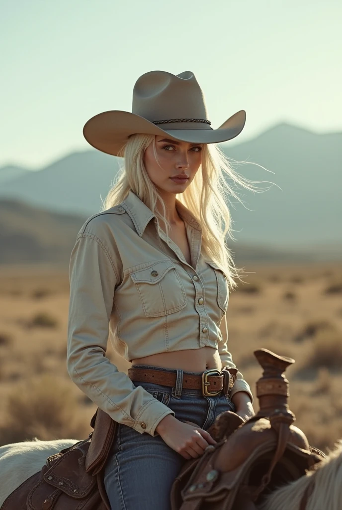 foreground: Avril Lavigne with long, straight blonde hair flowing in the wind. she is a model for a men's magazine, she has a subtle smile and flirts with the camera (she is wearing a loose white button-up shirt, a black cowboy hat and latex pants with a large belt: 1.2), in the background a landscape of an Australian suburb, small houses (in the light of the setting sun :1,2), perfect eyes, perfect hands, perfect body, perfect hair, very small breasts, hair behind the ear, UHD, masterpiece, accurate, anatomically correct teenager, textured skin, (black hat, white shirt, black pants: 1 ;2) best quality, high resolution, 16k, 8k,