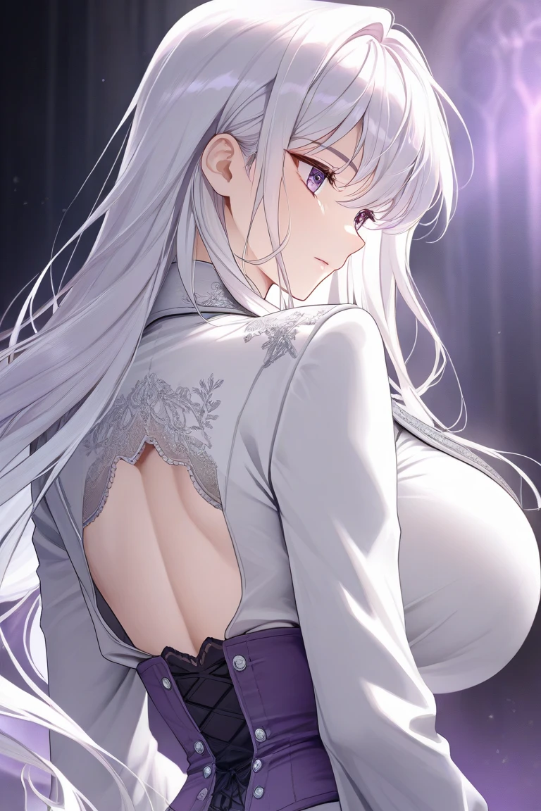 (((Itsuka Shido(date a live))),((gender bender,white hair,dark purple_eyes,cowboy shot,long straight hair)),((pajamas,gigantic breasts swelling,huge stature))
