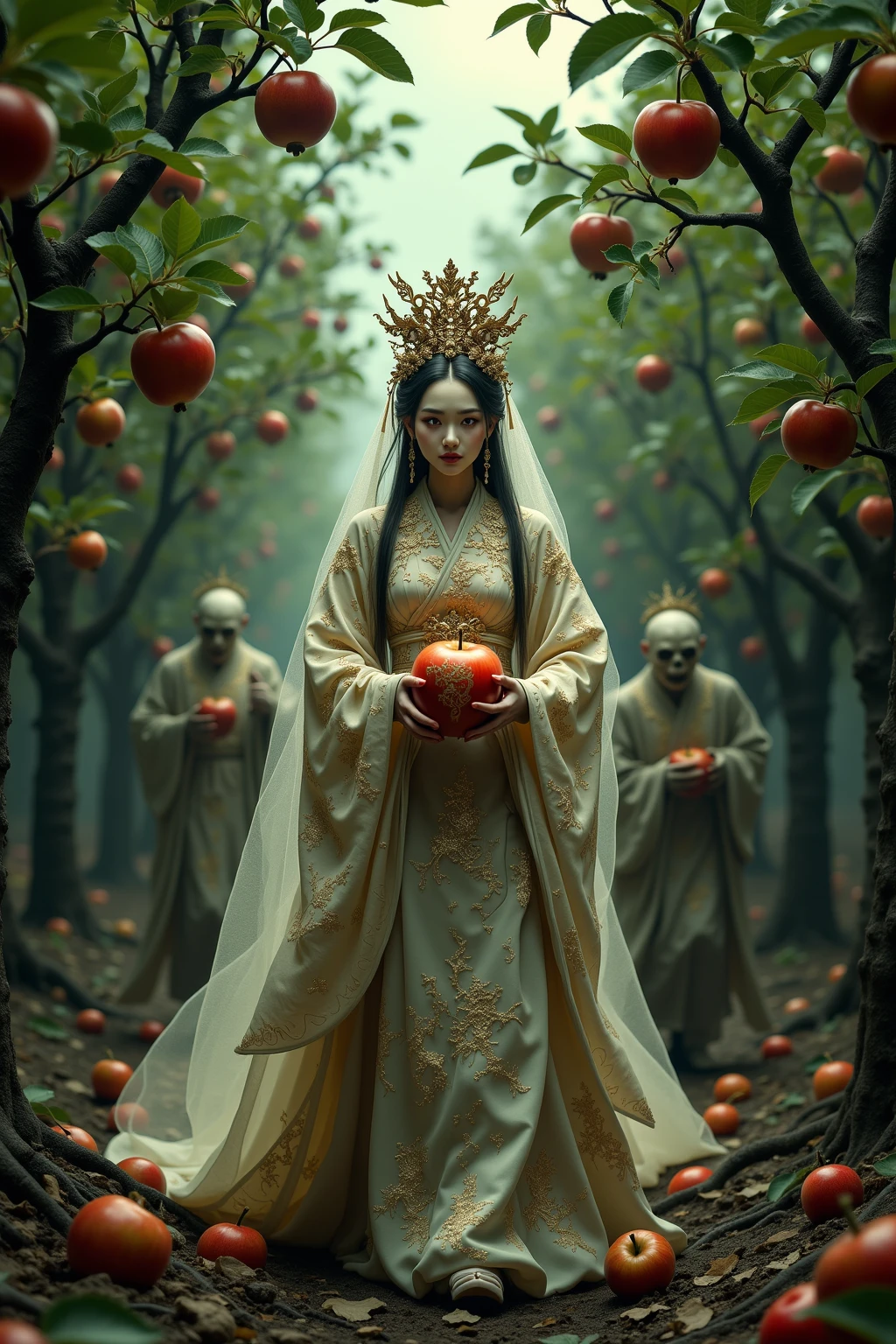 1girl,sexy,Qing Dynasty apple spirit bride, moth-eaten longevity pattern wedding gown, half-skeletal face under veil, carrying maggot-infested gilded apple casket, zombie grooms grafted onto apple trees, procession through underworld orchard of human-faced fruits