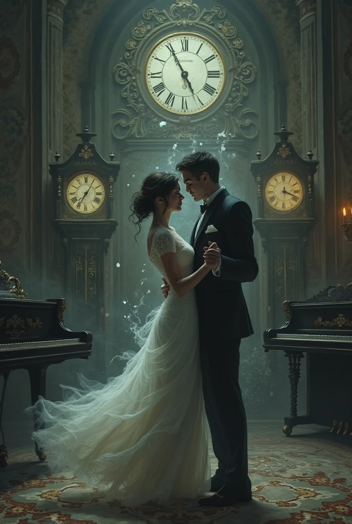 The picture of the dance of death contains a clock, a piano, a husband and a wife without showing faces