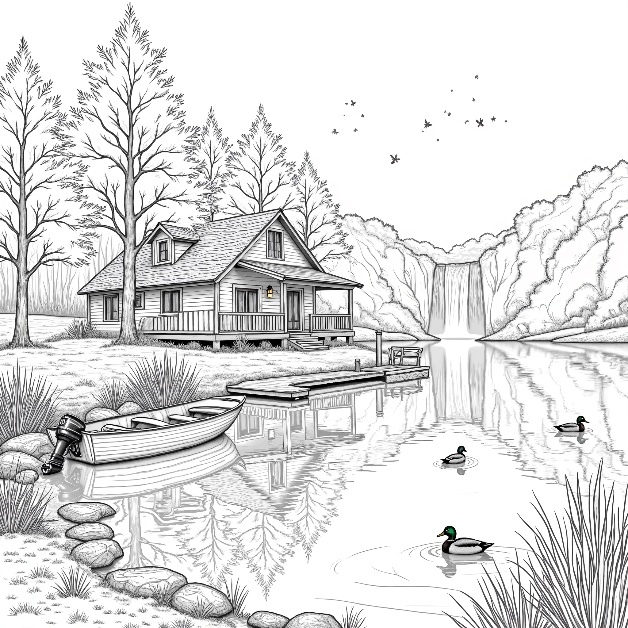 highly detailed coloring book style, only black and white, with minimal shading for depth, hyper detailed textures for depth, of a cabin by a lake with maple trees, pine trees, and cattails by the side of the lake, boulder in the lake, a wooden dock, a fishing boat with a motor tied to the dock, mallard ducks in the lake, detailed grass, bushes and vegetation lining the shore, waterfall in the background adding water to the lake, no color, bold fine lines, fine lines for textures, clear visible separation of picture content
