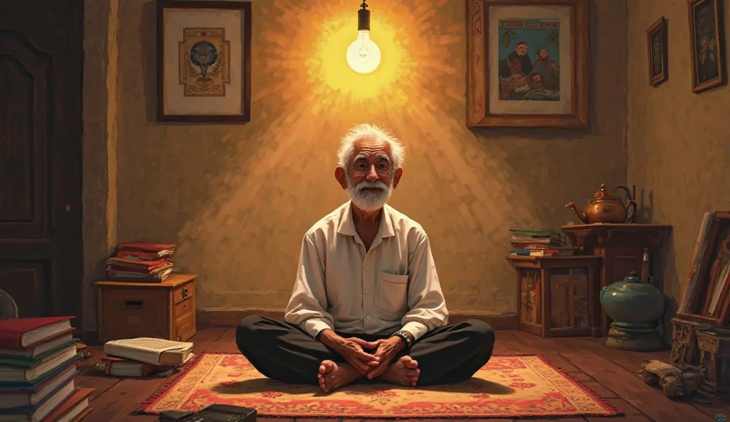 A small, humble room lit by a yellow bulb; Pixar-style young man (61 years old) in white shirt and black pants (Baba Saleem) sits on a floor mat, surrounded by books and a teapot.