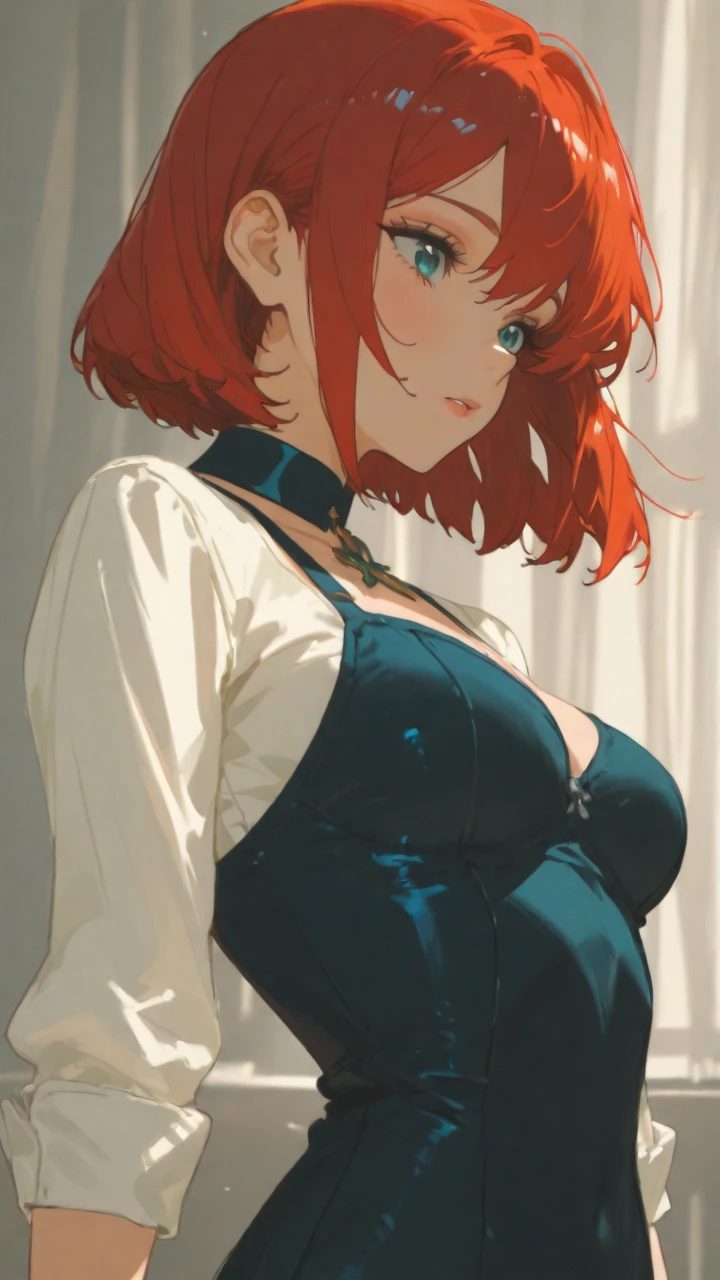 Girl, short orange hair, big round breasts