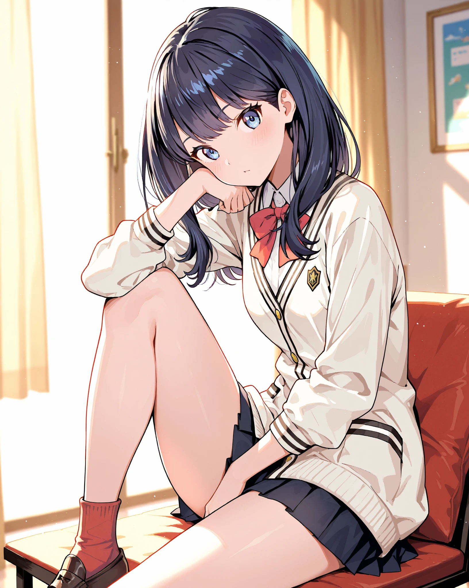 (Highly detailed CG、8k wallpaper)、(Very delicate and beautiful)、(masterpiece)、(Highest quality:1.0)、(超High resolution:1.0)、Beautiful lighting、Perfect Lightning、Realistic Shadows、[High resolution]、Detailed skin、Ultra-detailed、Detailed face and eyes、Realistic eyes、Sharp pupils、Small breasts、Cowboy Shot, In the classroom、Beautiful Face、Blurred Background、Beautiful 16 year old girl、Glowing Skin、Side Up、Beautiful black hair、Blunt bangs、Red Eye、(Headband:1.2)、Sailor suit、curve、Sitting at a desk、(Spread your legs、I can see her thin pants.:1.2)、A kind smile、