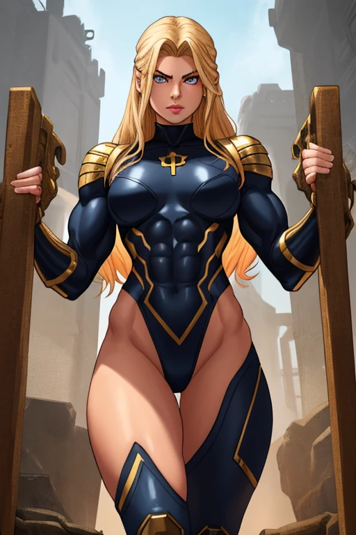 masterpiece, best quality, agrias, black leotard, looking at viewer, blonde hair, superhero, bare legs, eigth-man costume, boots, standing