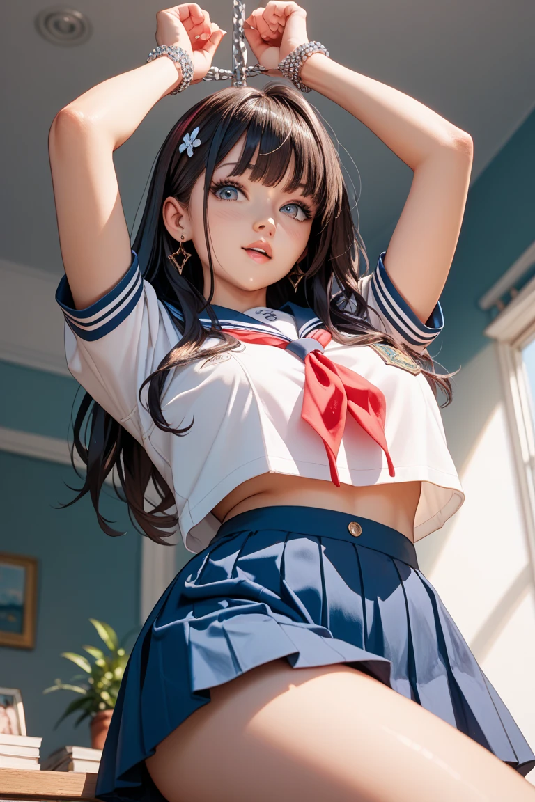 (Highest quality, 8k, 32K, Tabletop, Hmph:1.2), (RAW Photos), (Realistic), (Realistic:1.2), (High resolution), Very detailed, Very beautiful face、eye, One Girl, (On top of that, 28 years old:1.2), young woman, Round and small face, Tight waist, Big Breasts, Slim figure, (Japanese Sailor Suit, sailor fuku, Seraphim, Japanese school sailor uniform, Dark blue pleated skirt:1.27), (From below, Total:1.2), On the rooftops of the city,、((Sexy panties are in full view:1.2))、((Spread your legs wide:1.2))