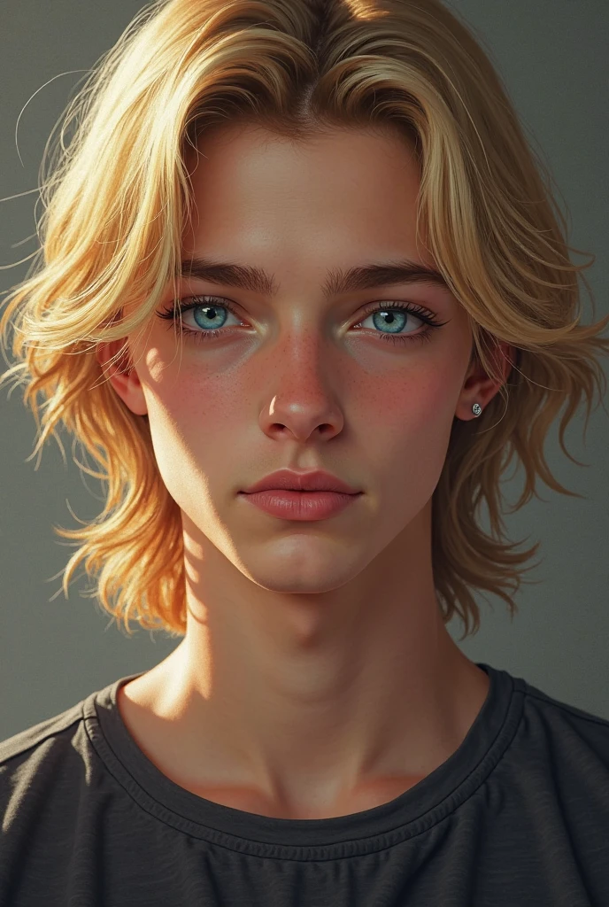 Young guy, straight long and yellow hair, blue eyes