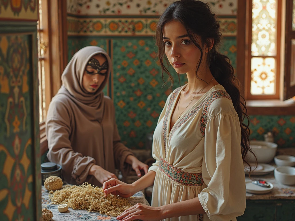 A young woman in simple Moroccan dress is cleaning the Moroccan house and a strange-looking woman is helping her.