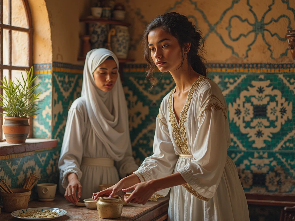 A young woman in simple Moroccan dress is cleaning the Moroccan house and a strange-looking woman is helping her.