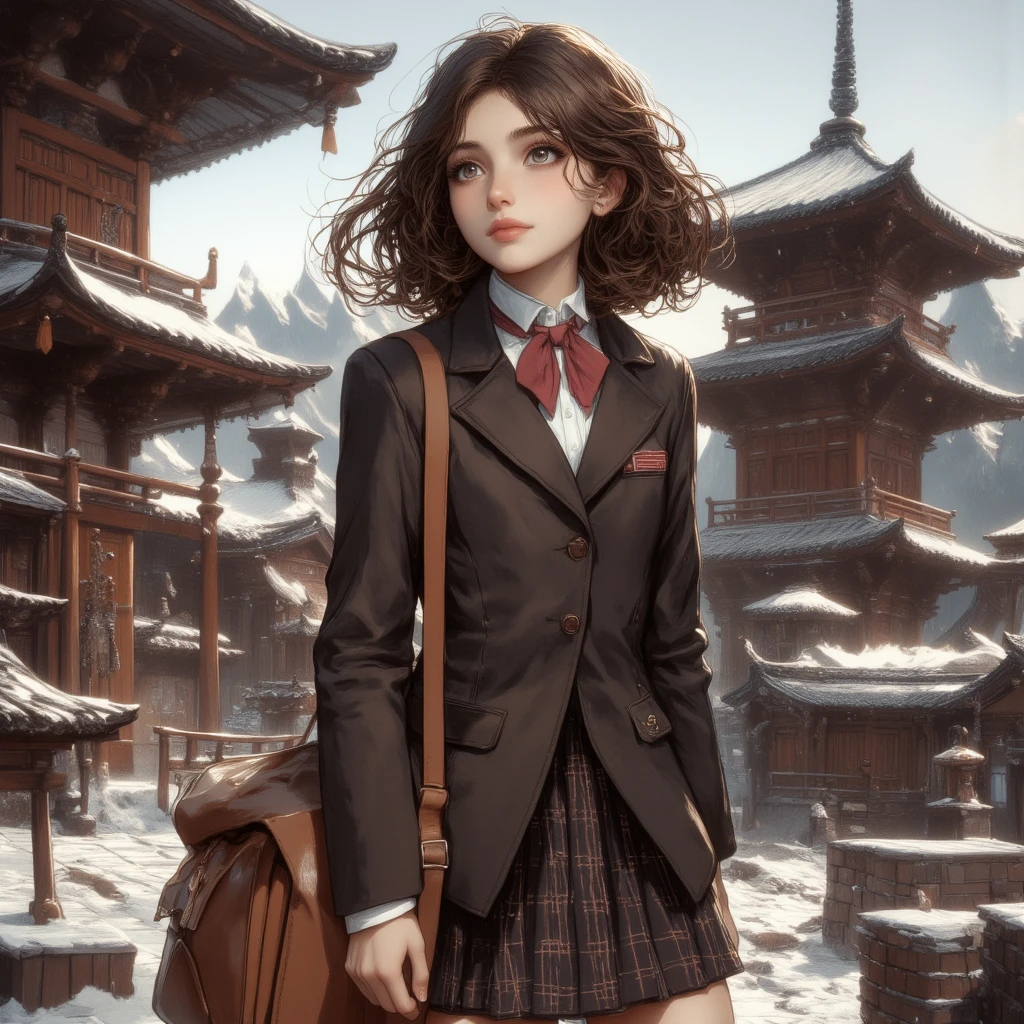 best quality, masterpiece, New Year, (gently smiling:1.5),(()), ((dark brown all over top and bottom、 ready,No sagging、Wrinkle-free 、Neat uniform:1.7)), (Japanese-high-school-dark brown all over top and bottom制服-blazer-uniform:1.5), Small reddish bow tie, with a school bag, ((too much smile)), very cute, face, head and waist fully visible, (soft eyes:1.2) 、 (one innocent and pure junior-high-school-girl:1.5) , (The image shows only the upper body:1.7), shrine background,(only one mount Fuji:1.3), ((winter)),(outdoors:1.5)