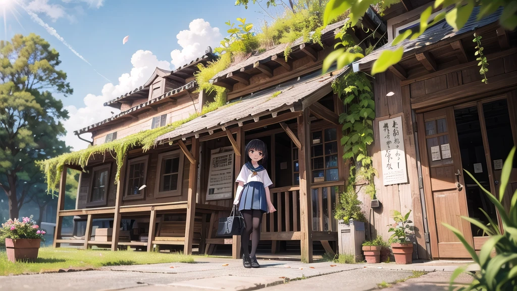 (masterpiece),  town,  blue sky,  One Girl,  smile,  alone,  Sailor suit、Long skirt,  Overgrown,  petal,  plant、Skirt lining、Translucent slip、nostalgic、Black Pantyhose