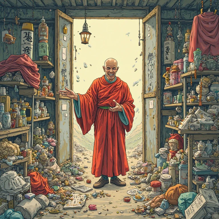 Create a surreal and humorous color illustration for the historical Japanese pun “ゴミ屋（538）の坊さん、仏教伝える.”
The image should feature a messy garbage shop (ゴミ屋) where a monk is standing or emerging, dramatically and comically preaching or delivering Buddhism.
The monk can look exaggerated or absurd, and the scene should have surreal elements like floating scriptures, oversized prayer beads, or random junk turned into Buddhist icons.
The overall style should appeal to Japanese middle and high school students—bold, a little weird, and visually engaging.
Please make it in color and avoid realistic or traditional textbook styles.