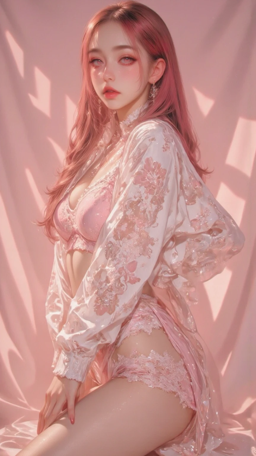 (nsfw:1.5),(bird's eyes view:1.3),
full body,(blue and black sexy lingerie theme:1.4),(botanical pattern lingerie:1.4),(navel soup:1.3),(thong:1.3),(big boob:1.4),(cowboy shot:1.2),(slim:1.4),(emphasizing the cleavage:1.3)
BREAK
Japanese sexy girl,(ecstasy face:1.3),heavy makeup,(long eyes:1.4),(squinting eyes:1.2),(pink eye shadow:1.2),(blush:1.3),glowing cheeks ,(glowing skin:1.3),(long hair:1.5),(beautiful straight hair:1.2),(pink hair:1.5),necklace,(earring:1.4)
BREAK
((porno magazine photo:1.3))
BREAK
8k,High quality, Ultra detailed, best quality, insanely detailed, beautiful