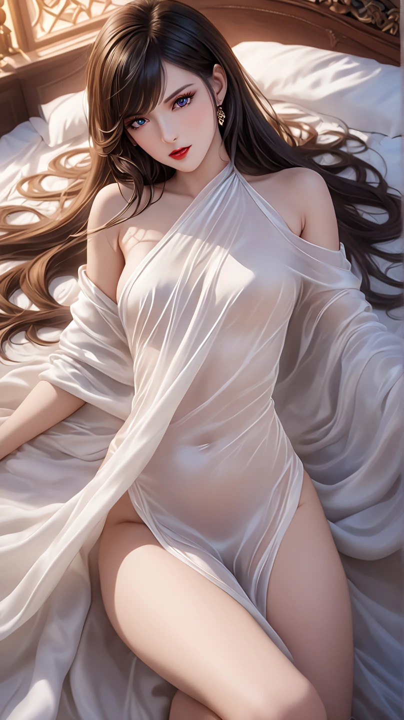 Young slender girl in a nightie, lying on a huge hard, beautiful view of the back, big open sissies