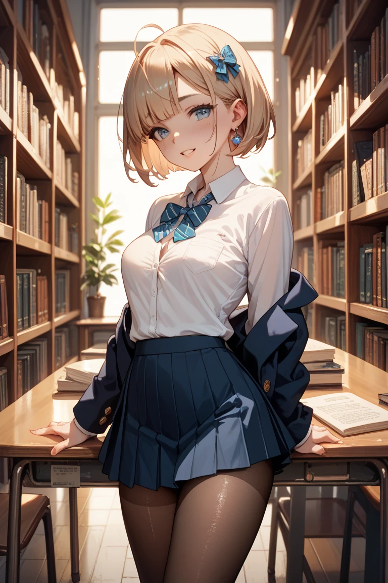 (masterpiece:1.2), (Highest quality:1.2),, Curvy but slender body, Perfect Eyes, Perfect Face, Perfect lighting, 2 girls, library，（Standing position），（blouse），(mini skirt),（whole bodyのショット），（short hair），（Cute Smile），Curly Hair, eye shadow, Thick eyelashes, Fantasy, Observe the audience, whole body、Bright and beautiful face、Young and shiny white glossy skin、Ultimate beauty、The most beautiful light blonde hair in the world、Thin Hair、short hair、beautiful shiny bangs、Knee socks， Bright Blue Eyes、Very beautiful and lovely 18 year old, The most beautiful girl in the world、Medium Chest，ponytail，Distant position，squat，Lift your butt