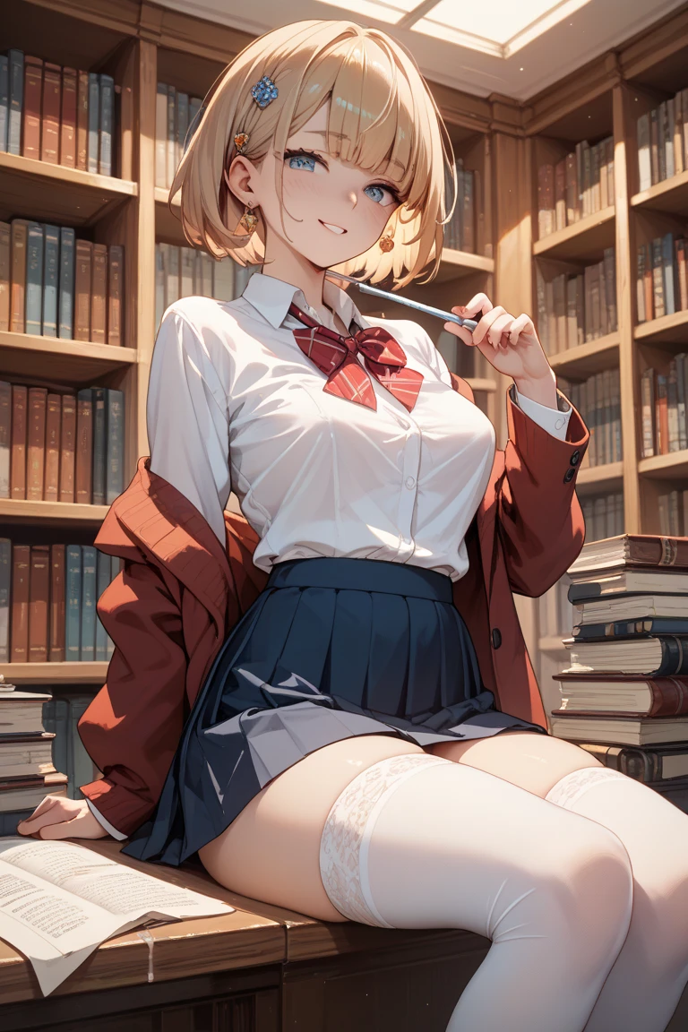 masterpiece, best quality, highly detailed background, perfect lighting, best quality, (extremely detailed face), volumetric lighting, intricate details, shadow, tonemapping, sharp focus, hyper detailed, trending on Artstation, (solo) ((Looking at the viewer)) .Girl with short blond hair. Brown eyes. curvy. Blush, Clear skin. Big bust.((Gothic dressed)). ((Sitting in the park reading)) ((Legs open)) ((white underwear)) ((wet vagina))