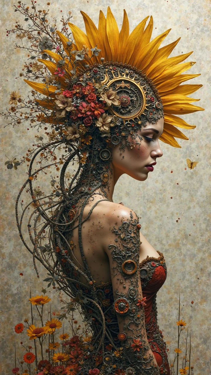 A mesmerizing woman emerges from a dynamic interplay of angular geometry and flowing, sinuous lines—her form a striking convergence of structure and grace. Reimagined in a Steampunk-inspired mixed media style, the composition centers on a surreal sunflower: its petals gleam with polished brass and brushed steel, while the tall, slender stem rises in oxidized iron and rusted copper tones. Intricate details in rich espresso browns, charred blacks, deep crimson reds, muted golds, chalky whites, and textured overlays of moss, rust, and lichen-covered stone infuse the scene with depth and contrast. The fusion of sharp mechanical precision and organic elegance evokes a bold yet nostalgic vision of timeless beauty redefined through an industrial dreamscape.

