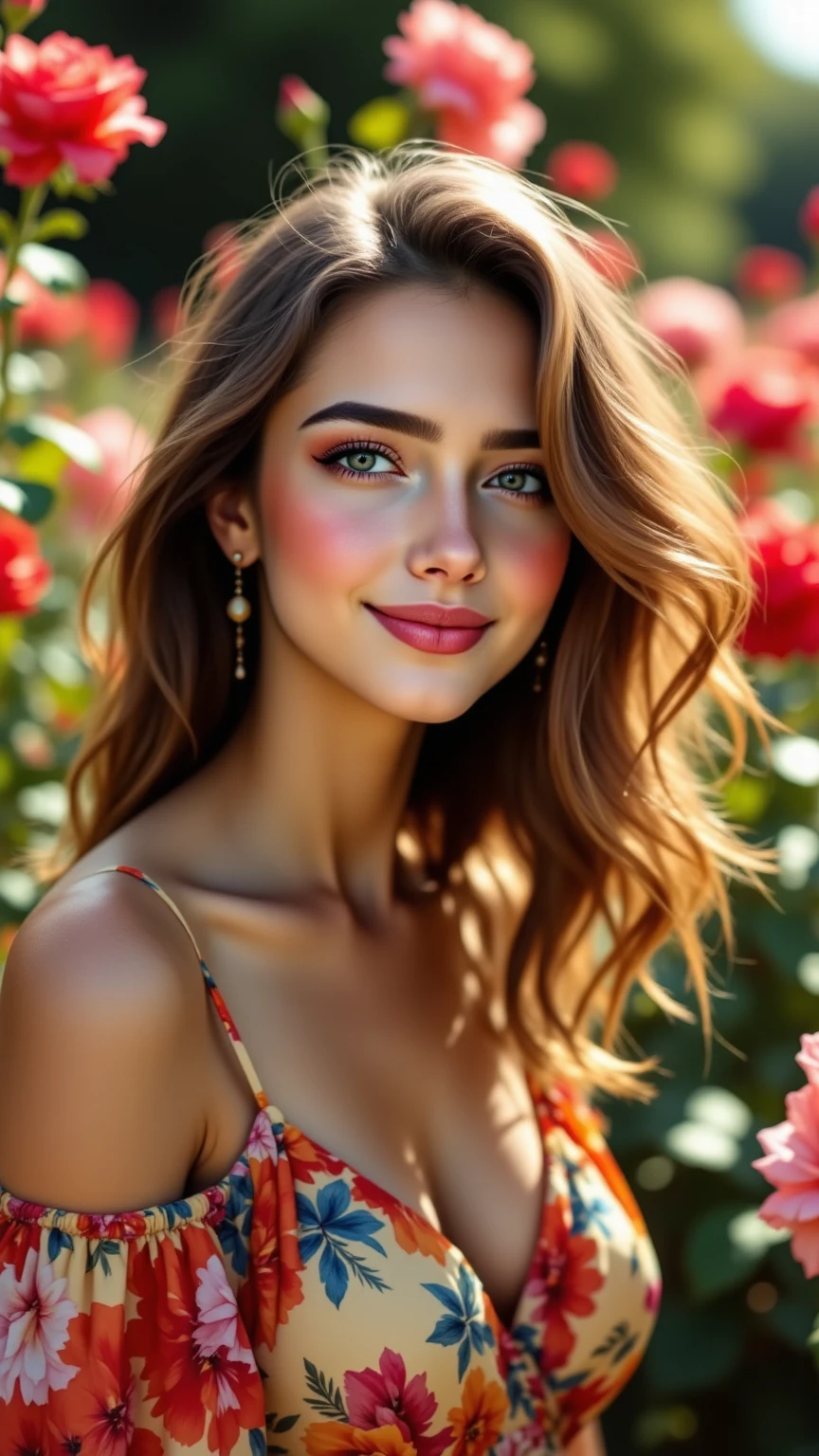 high quality beautiful smiling woman, detailed facial expression, rose flower garden background, colorful dress, Natural Pose, soft lighting, rich colors, Realistic Texture, high res, professional photo style, realistic photo effect, Light and shadow effects, fine details