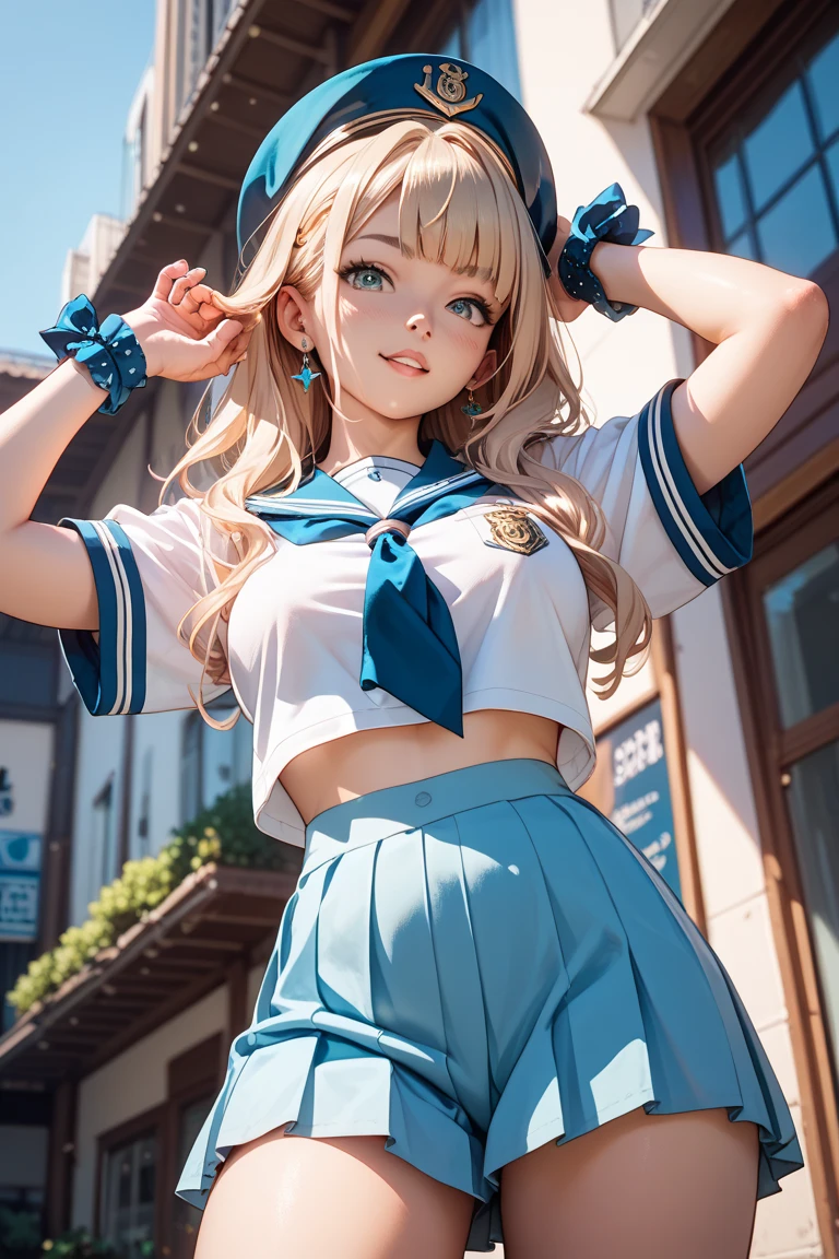 best quality, ultra high res, 1girl, sleeveless blue button shirt, black skirt, black choker, cute, (Kpop idol), (aegyo sal:1), (golden blonde hair:1), ((puffy eyes)), looking at viewer, full body, facing front, glow skin, smile, thick ass