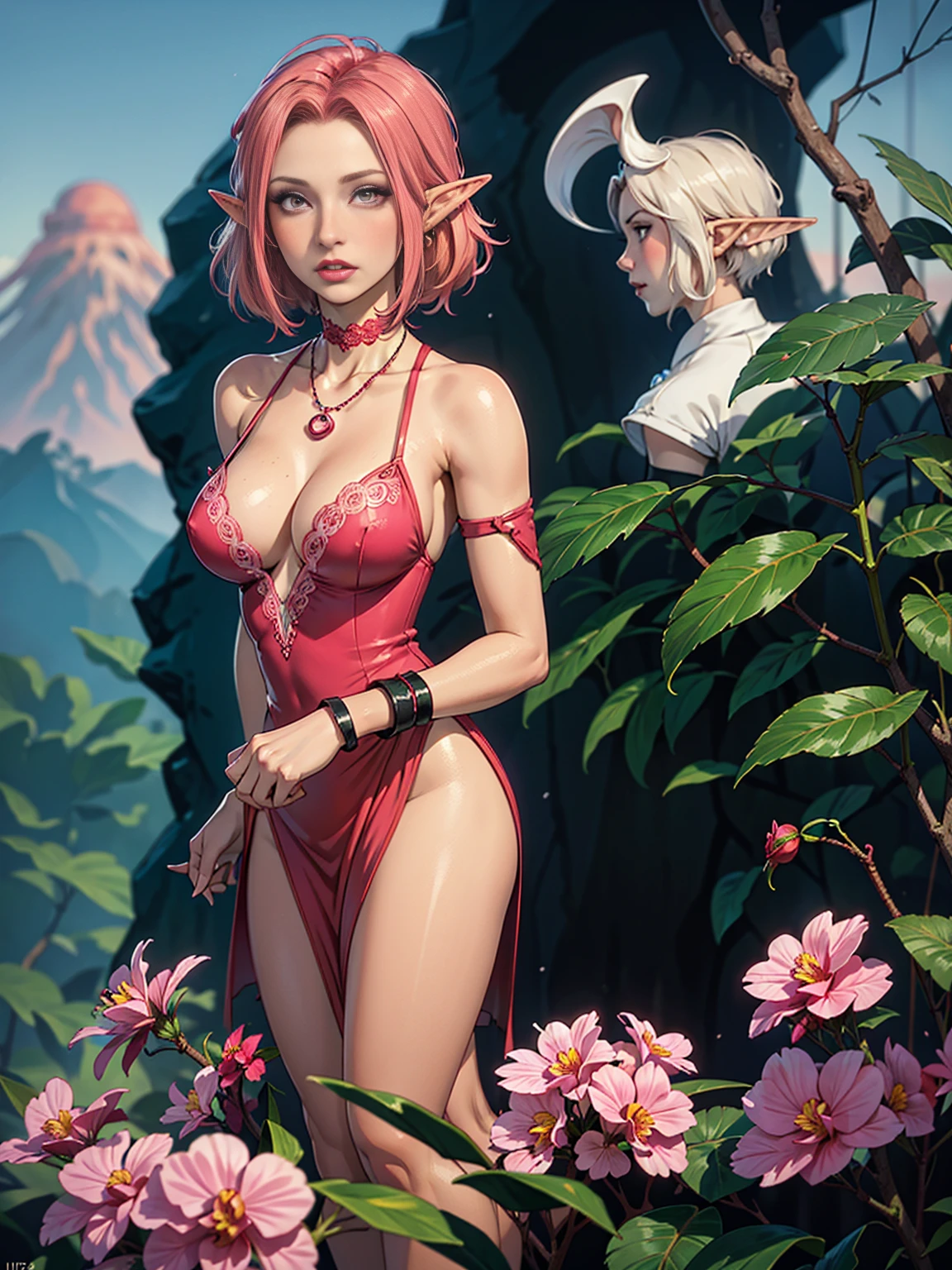 (((elven))) female, 30 years old, with curly rose-pink hair swept aside to display her elegant elven ears with pearl studs, her pink eyes soft and radiant, a heart-shaped face with a gentle blush, her lips glossy with a rosy tint, wearing a pink lace dress with floral patterns that clings to her curvaceous body, a floral necklace at her throat, standing in a lush jungle, towering ferns and vibrant orchids crowding the air, a distant volcano smoking against a teal sky, ultra-realistic, HDR, rendered 8K.