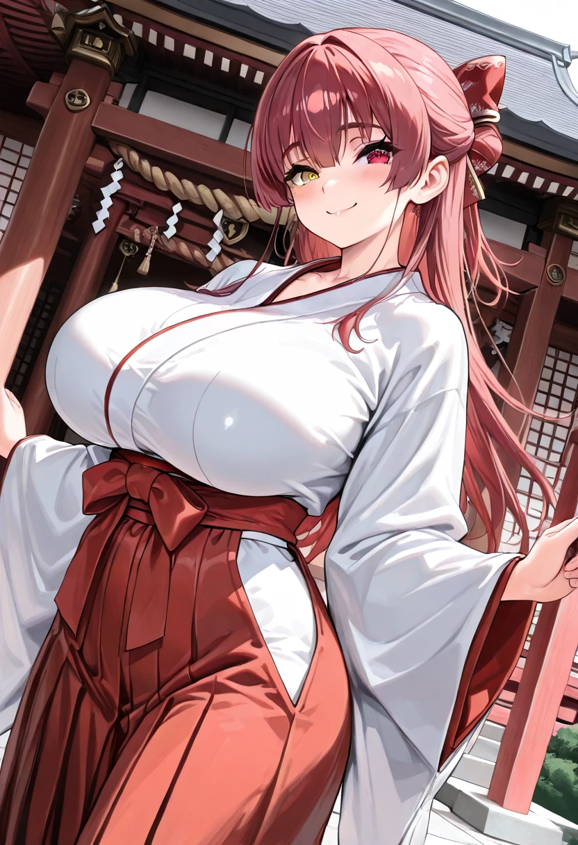 My name is Hikaru, I am a white test woman with long red hair and black eyes. I am 1.60cm tall and weigh 46kg. My breast sizes are 300 cm, my waist is 60 cm and my hips are 200 cm. Dressed in a traditional white kimono along with a pink headband. With big breasts 300 cm