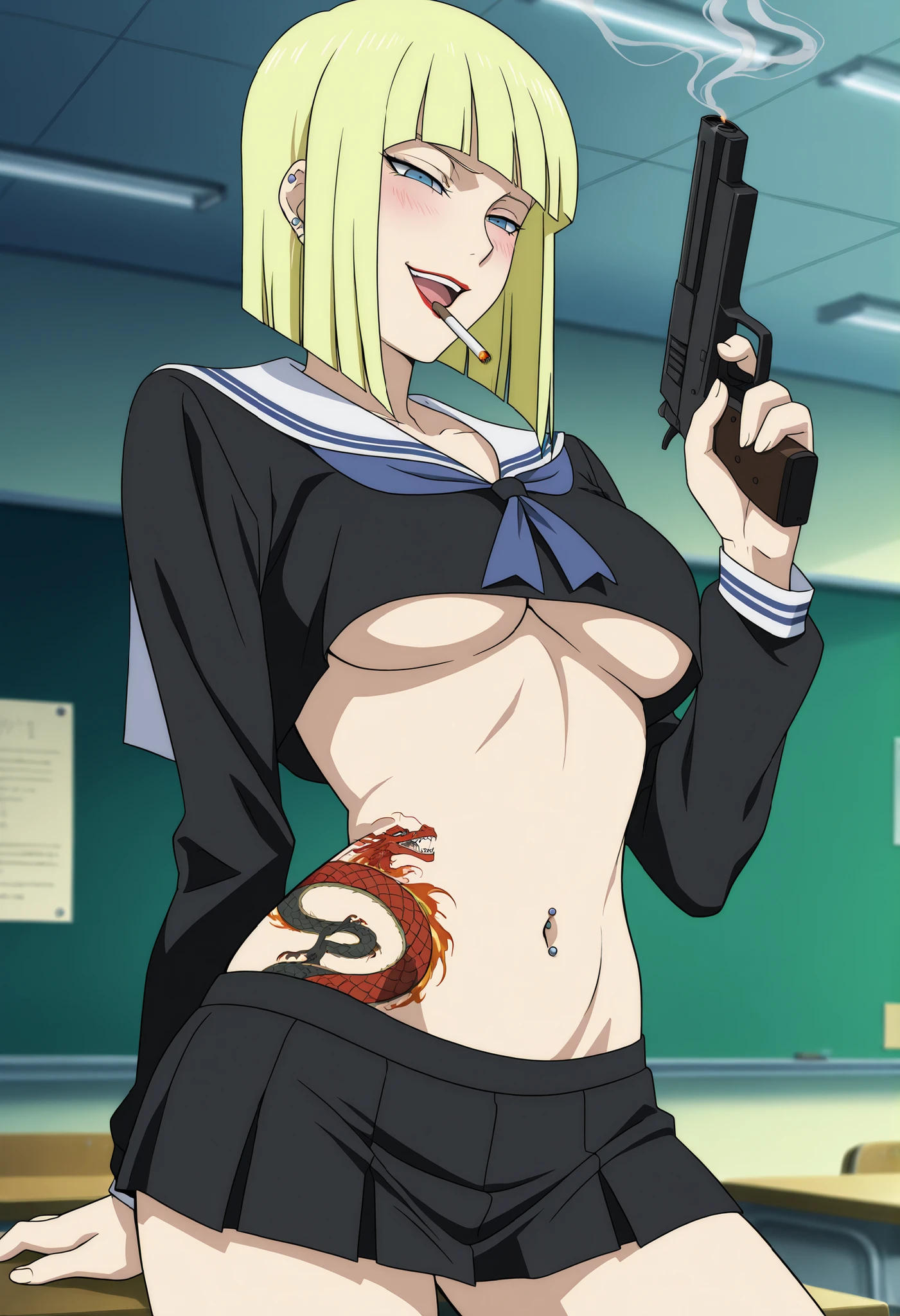 score_9, score_8_up, score_7_up, source_anime, samui, blue eyes, blonde hair, short hair, bangs, blunt bangs,,, ear piercing, long hair, blush, lipstick,Hot girl, baddie, smoking, sensual, attractive, medium breast, masterpiece, best quality, highly detailed, a girls in sailor uniforms with a gun posing for a picture, evil
smile, smile, open mouth,black_serafuku, (nsfw) not safe for work, ecchi style, high school girls, holding
a gun, hold a gun, micro skirt, exposed belly, exposed navel, exposed midriff, holding pistol,underboob,
exposed lower belly,school, classroom, navel piercing, waist dragon tattoo, narrowed eyes, tattoo waist, anipai_style , anime screencap , anime coloring ,
