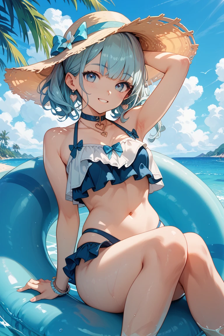 young girl, short multi-colored hair, blue eyes, Smile, teeth, Beach Hat, sexy swimsuit, open belly, open breasts, Beach, lying on sand, water, hiquality, 4k, HD, Good detail