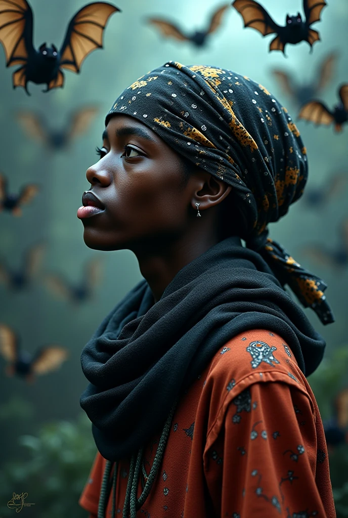 Create a young african artist with bandana in the face surrounded by bats