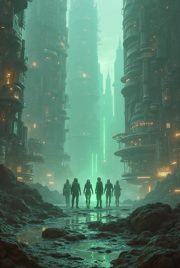 A luxurious city on the moon. A unique photorealistic image depicting the city of space robots is the background, it should be muted. in the middle, emitting a soft neon green glow.