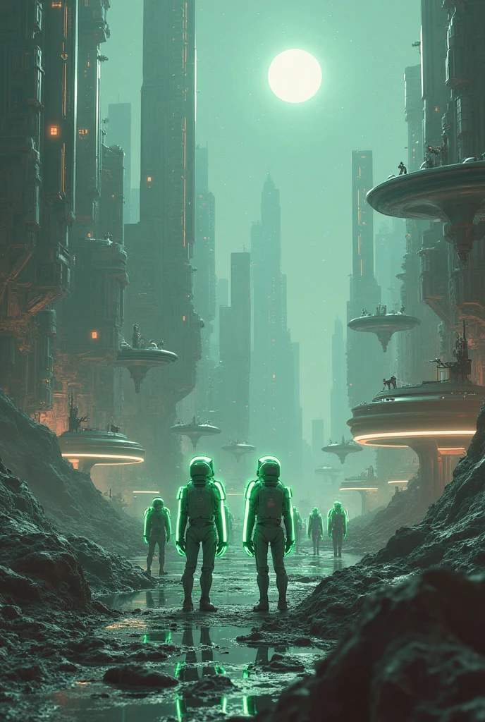 A luxurious city on the moon. A unique photorealistic image depicting the city of space robots is the background, it should be muted. in the middle, emitting a soft neon green glow.
