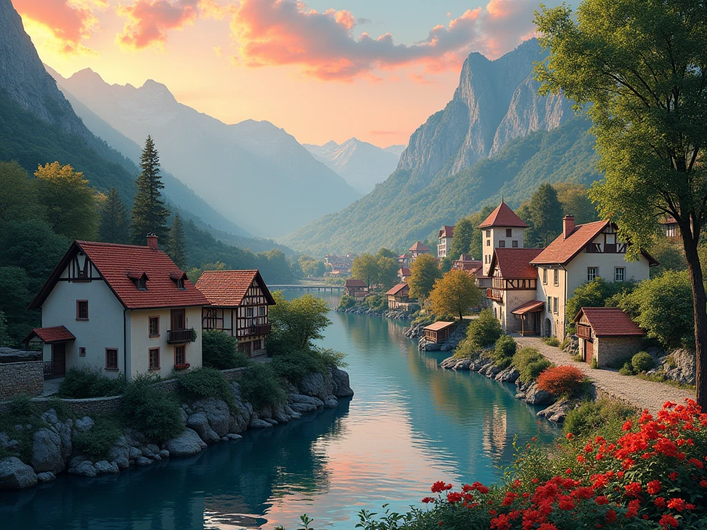 a small village by the river, mountains in the background, floral flowers colorful, detailed landscape, Beautiful natural landscapes, atmospheric lighting, scorching sunset, warm colours, practical, photopractical, Detailed Foliage, complex buildings, cobblestone street, Charming country house, swirly vibrant colors, lush vegetation, Still water reflections, Picturesque, idyllic, work of art, best qualityer, 8k, extremely detaild,anime styling