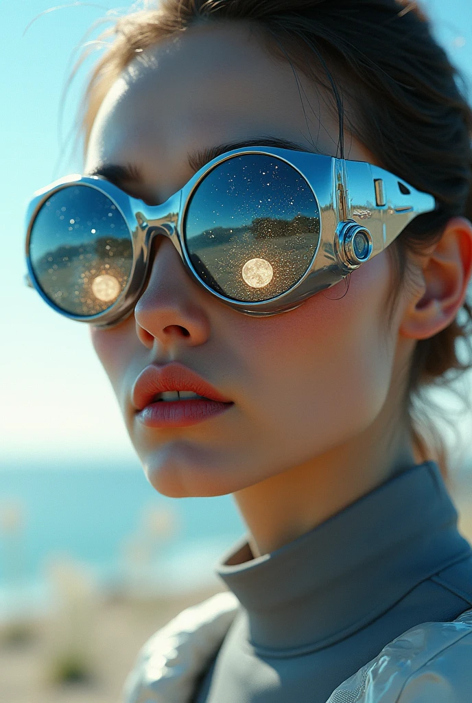 The model is wearing glass sunglasses with stars and the moon on the glass